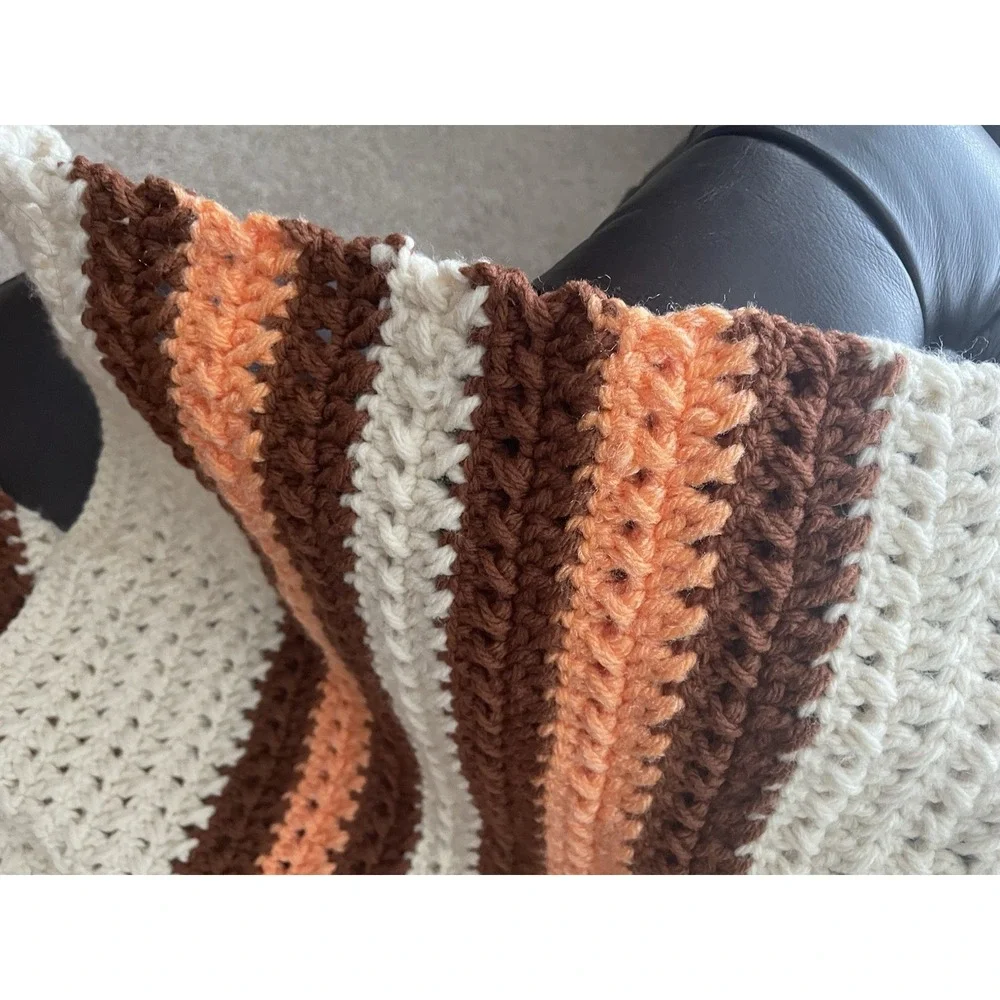 Handmade Ivory Peach Brown Crochet Vtg Fall Afghan Throw Blanket Striped 44